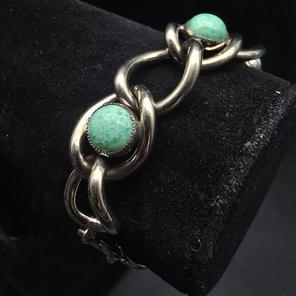 Peking Glass Bracelet Silver Tone Chain Link Vintage Teal Green Blue Jewelry - Picture 1 of 10
